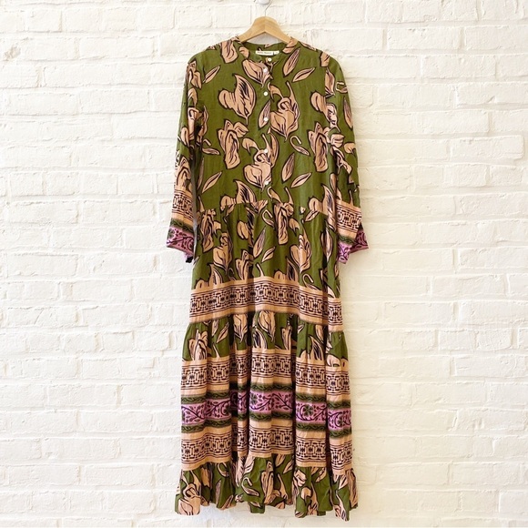 Roller Rabbit || Ebha Klara Tiered Maxi Dress Organic Cotton Green XS - Picture 1 of 8